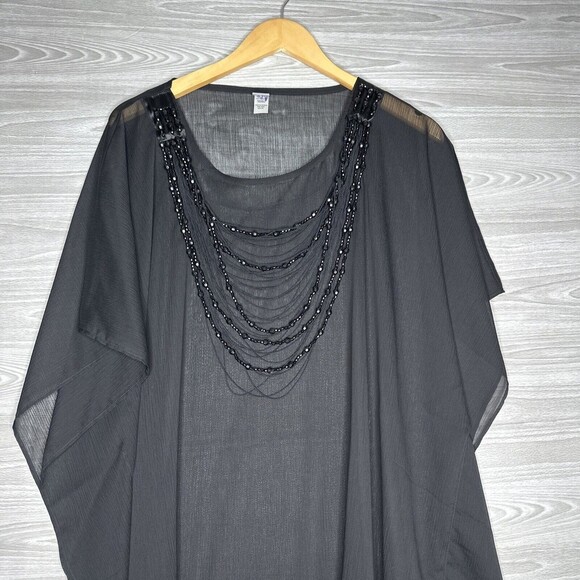 CHICO'S Sheer Size M/L Black Pancho Wrap Bead Necklace Scoop Neck Relax Fit - Picture 2 of 13